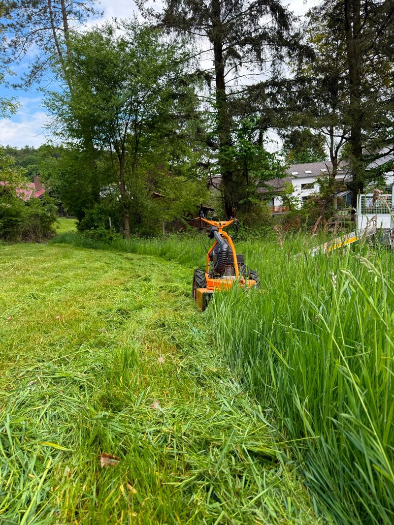 Balkenmäher beim Mähen einer hoch gewachsenen Wiese am Ortsrand im Odenwald